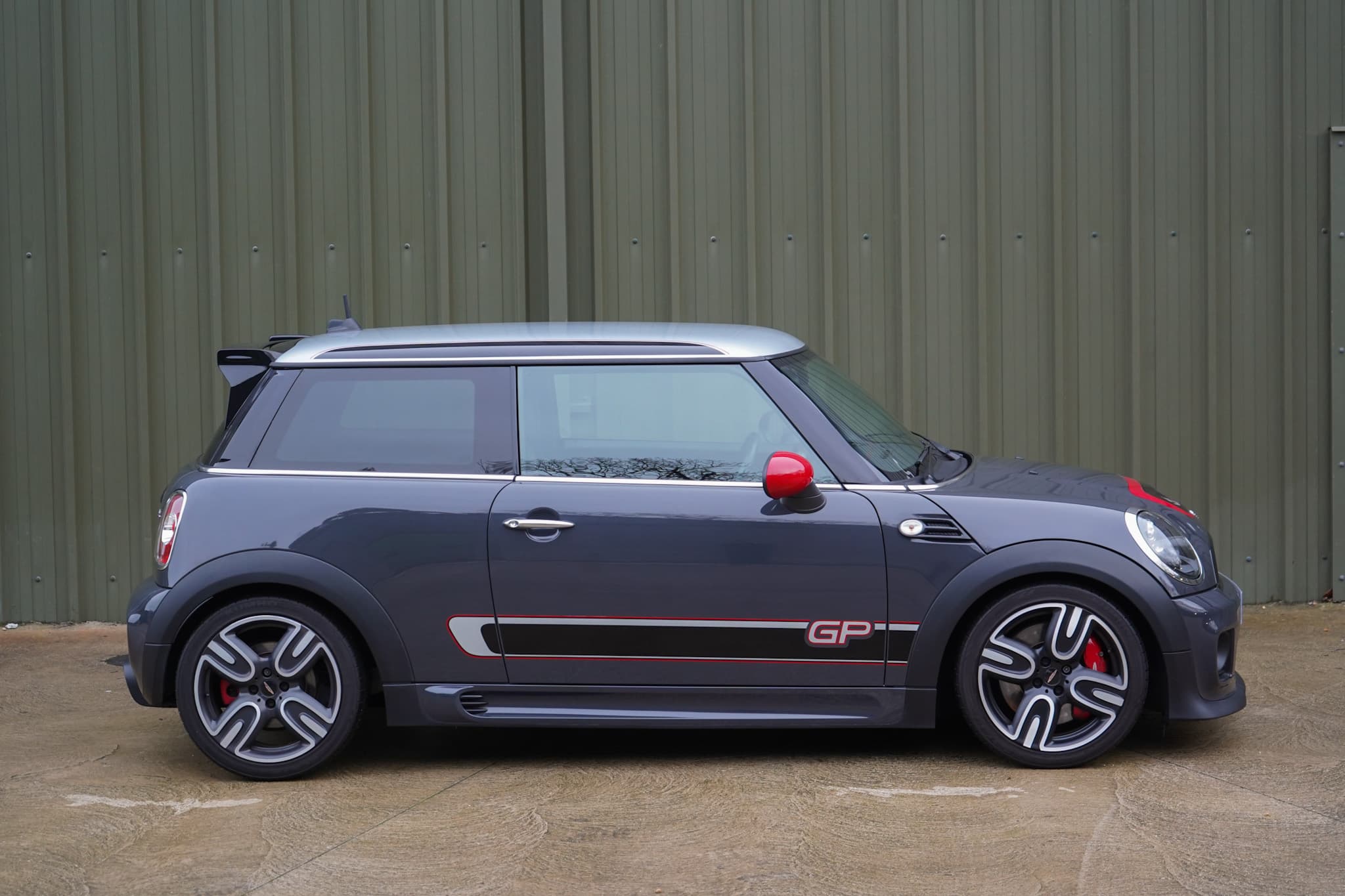 Thunder Grey Metallic 2013 MINI John Cooper Works GP2 (R56) in a side profile.