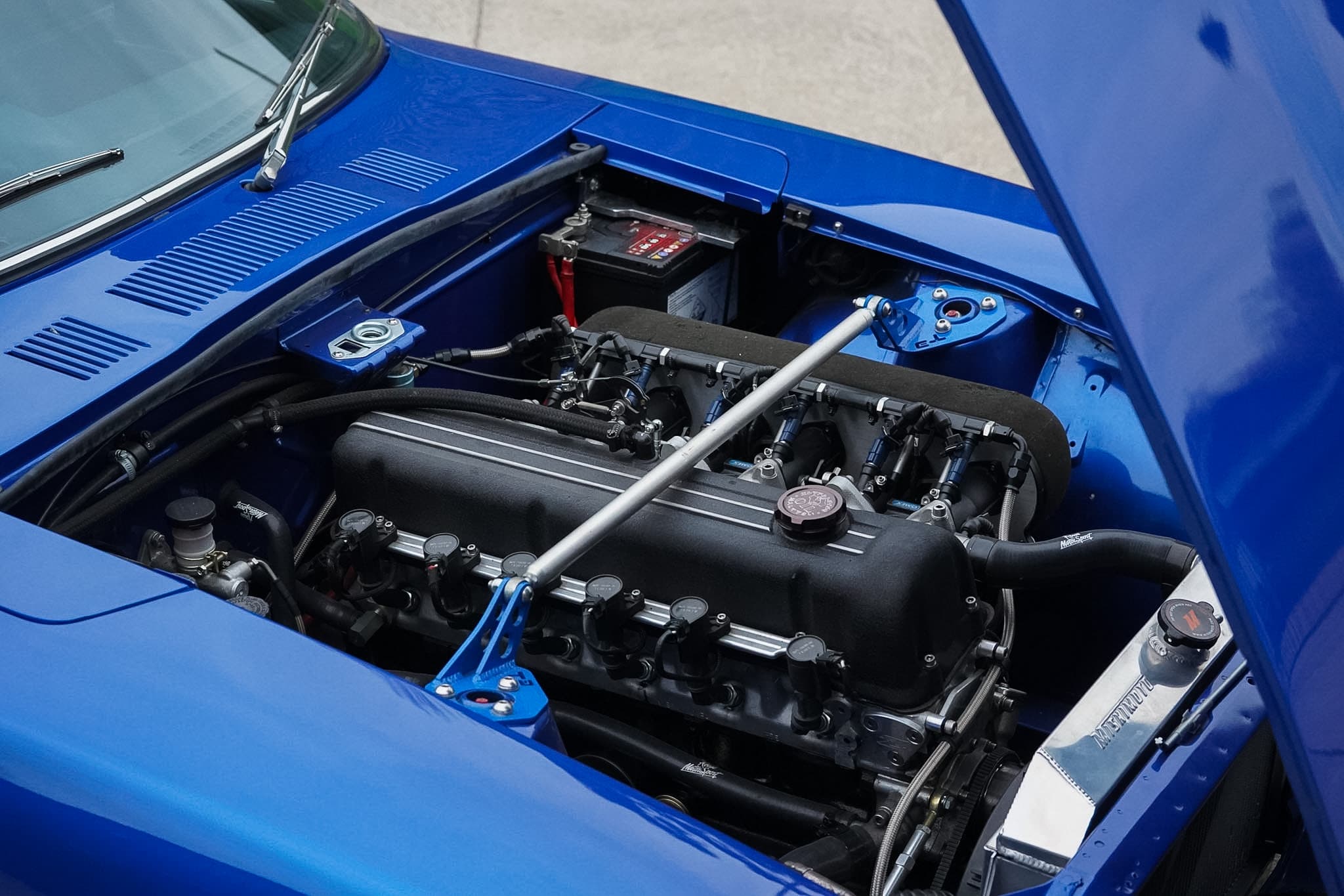 Datsun 240Z Restomod engine bay view.