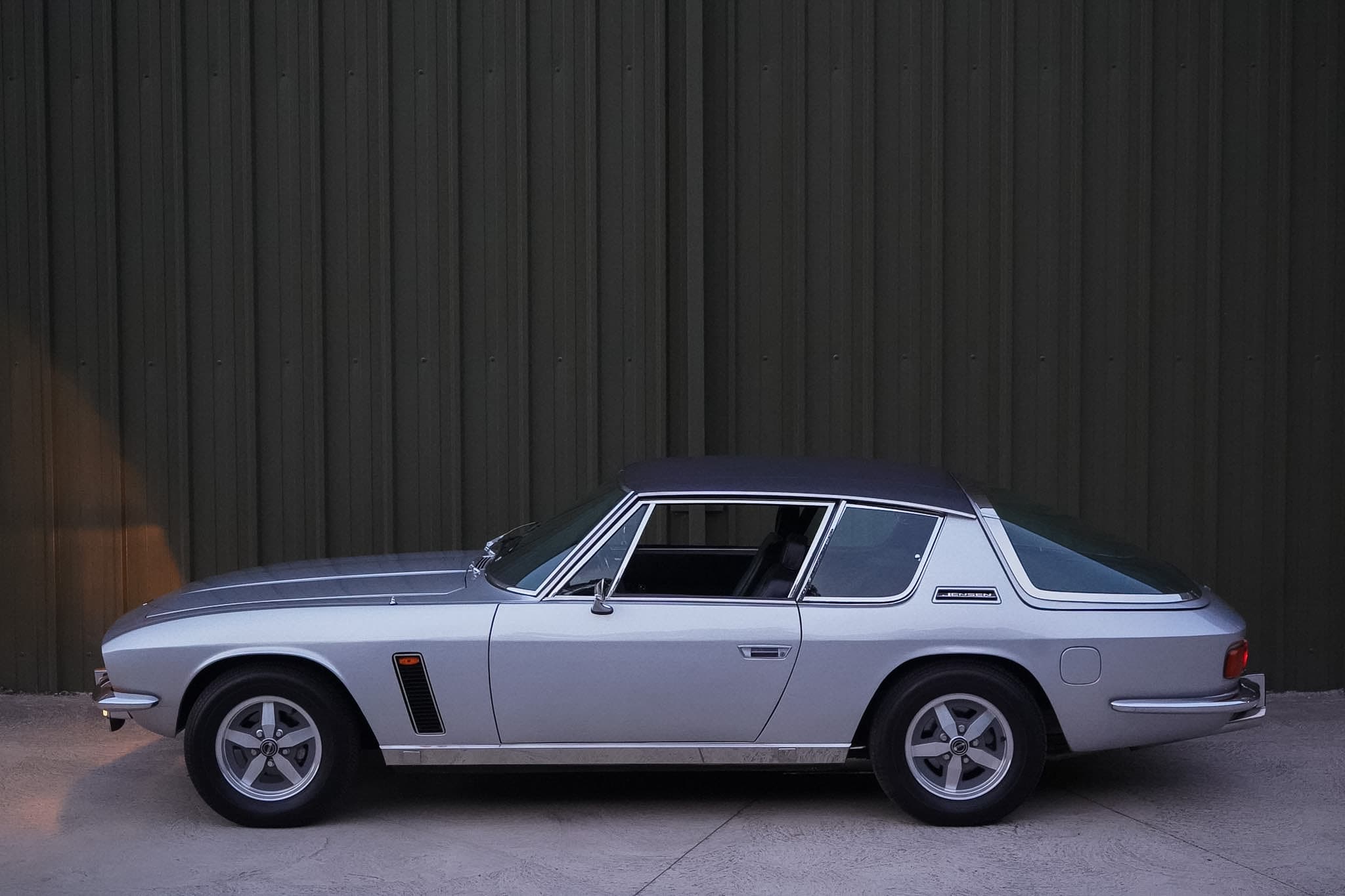 Silver Jensen Interceptor Mk III full side profile.